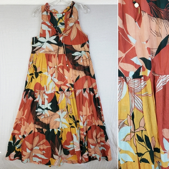 True Destinations Resort Wear Maxi Dress Tiered Floral Colorful sz L Cotton Boho - Picture 1 of 13